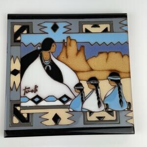 Vtg Earthtones Southwestern Trivet Tile by Tu-ofi Woman And Children Blue 6"x6"
